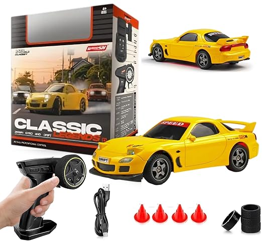 1:43 Scale Mazada JDM Rx7 Model White car Mini RC Drift Car with Gyro Full Proportional RTR 2.4Ghz Remote Control with RGB Lights YELLOW