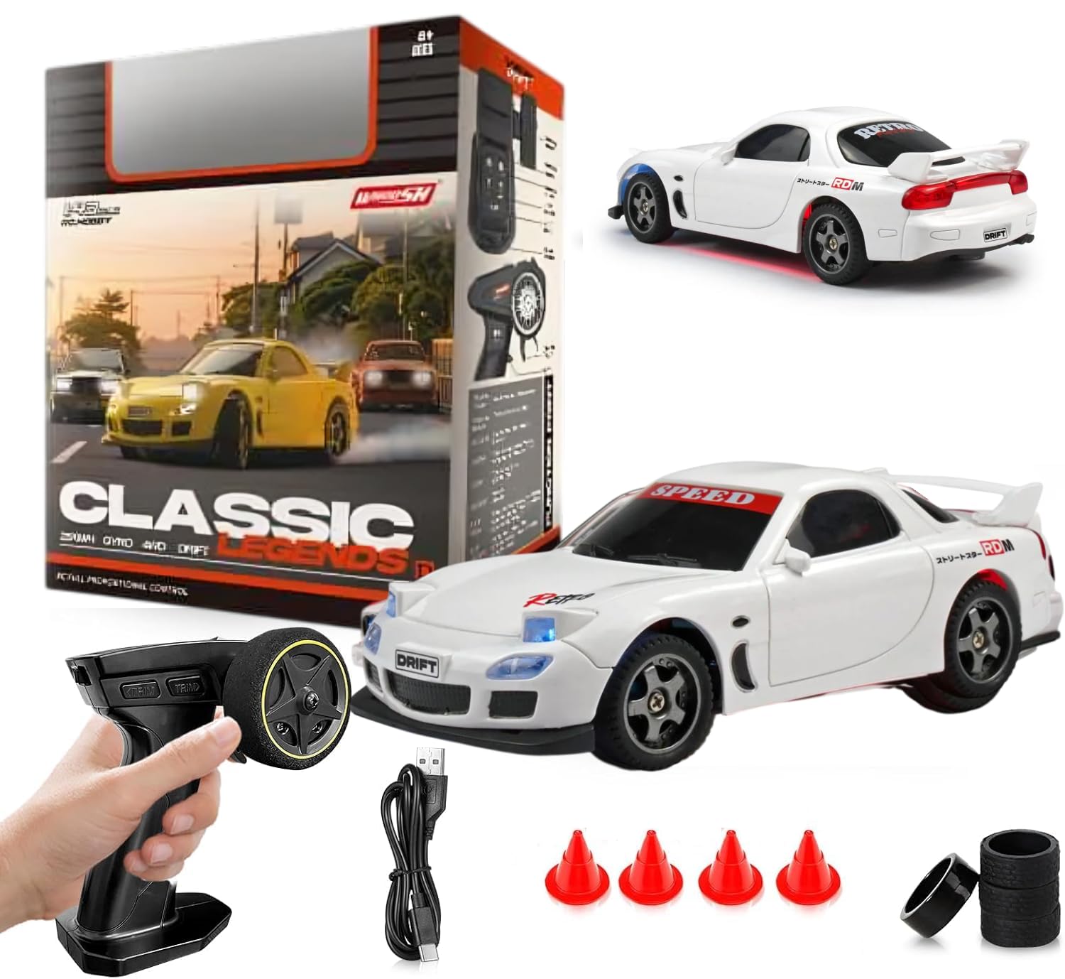 1:43 Scale Mazada JDM Rx7 Model White car Mini RC Drift Car with Gyro Full Proportional RTR 2.4Ghz Remote Control with RGB Lights (White)