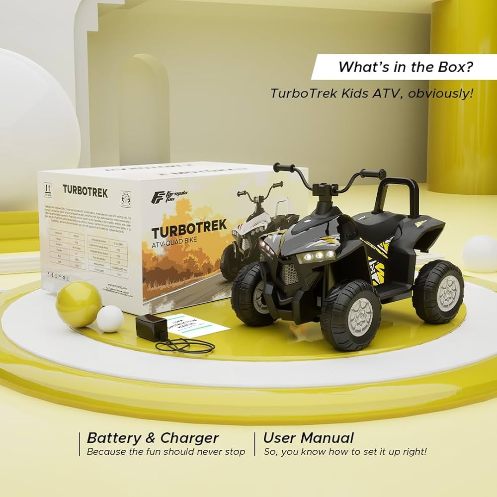 Formula Fun TurboTrek Battery Operated ATV Quad-Bike Powered by EMotorad| 40 mins Runtime | Foot Accelerator | LED Lights | Integrated Music | Anti-Skid Tyres