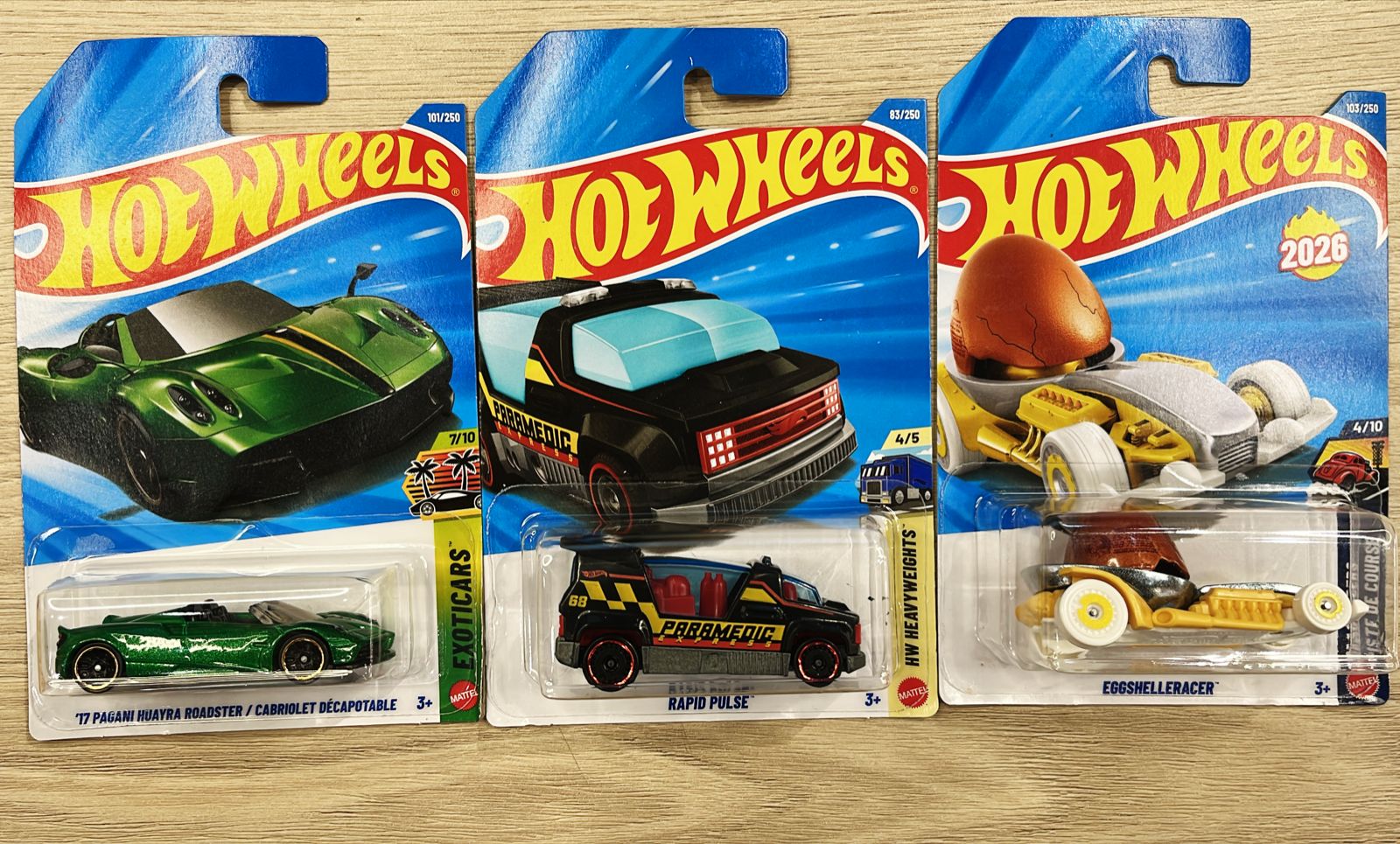 HOTWHEELS BASIC CAR 2026 E CASE 17 PAGANI HUAYRA + RAPID PULSE + EGGSHELLERACER + CRUISE BRUISER