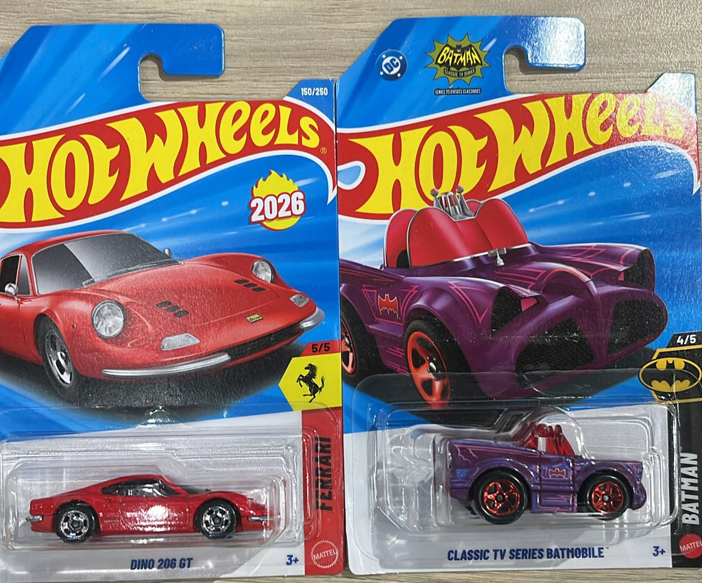 HOTWHEELS BASIC CAR 2026 H CASE FERRARI DINO + BATMOBILE + SUPER TWIN MILL
