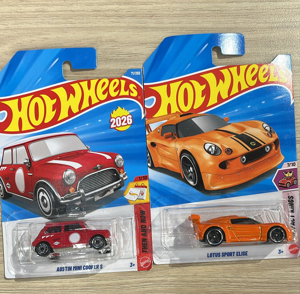 HOTWHEELS BASIC CAR 2026 H CASE AUSTIN MINI COOPER + LOTUS SPORT + LA LIEBRE + DATSUN 620