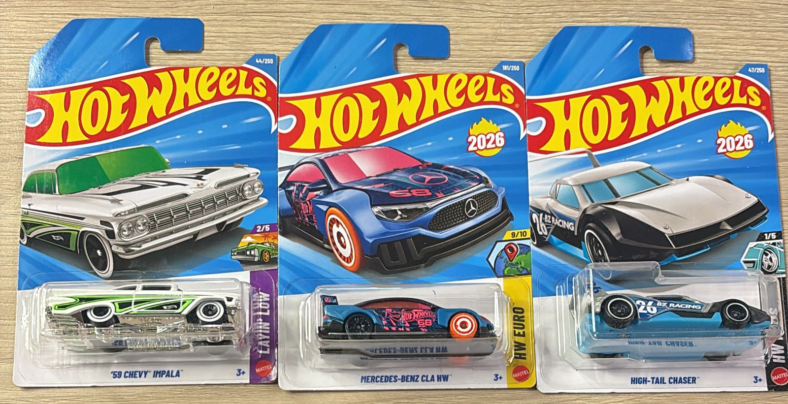 HOTWHEELS BASIC CAR 2026 H CASE 70 DODGE CHALLENGER + MERCEDES BENZ+ 59 INPALA + HIGH TAIL CHASER