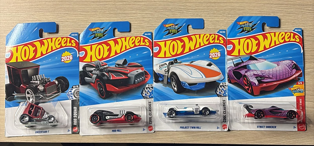 HOTWHEELS BASIC CAR 2026 L CASE NISSAN SKYLINE GTR + MOD MILL + UNCERTAIN + STREET SHRIEKER + TWIN MILL