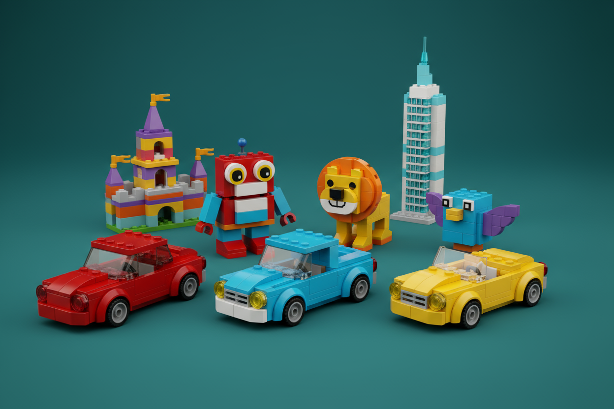 A teal Green back ground with toys made with Lego blocks